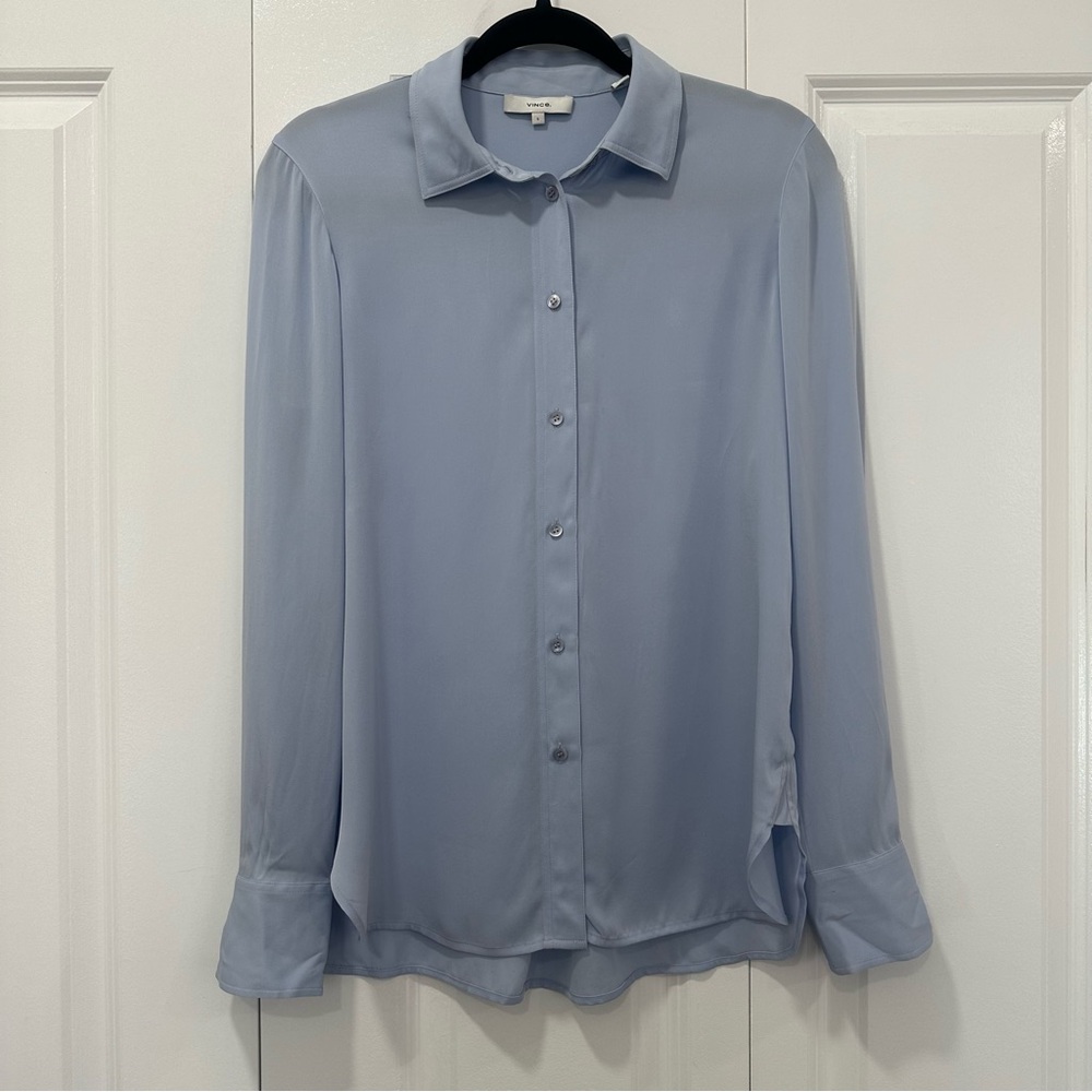 Vince Stretch Silk Button Front Blouse in Light Blue